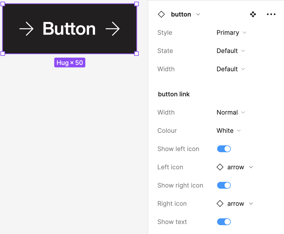 A screenshot of a button in Figma with a handful of component property toggles next to it.