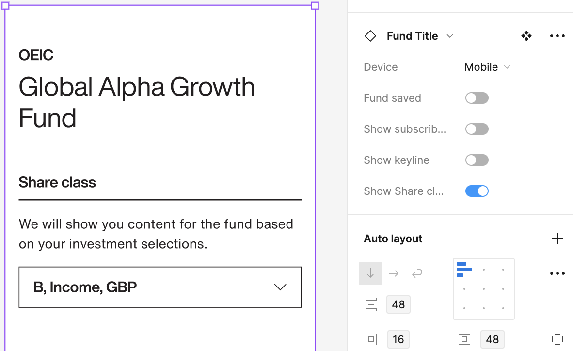 A screenshot of a Fund Title panel in Figma with a handful of component property toggles next to it.