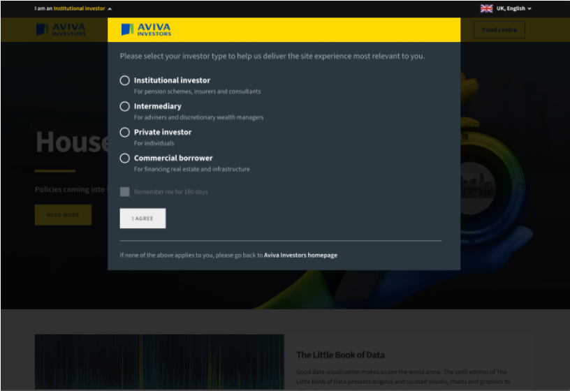 A screenshot from Aviva showing four radio button options and then a confirmation button.