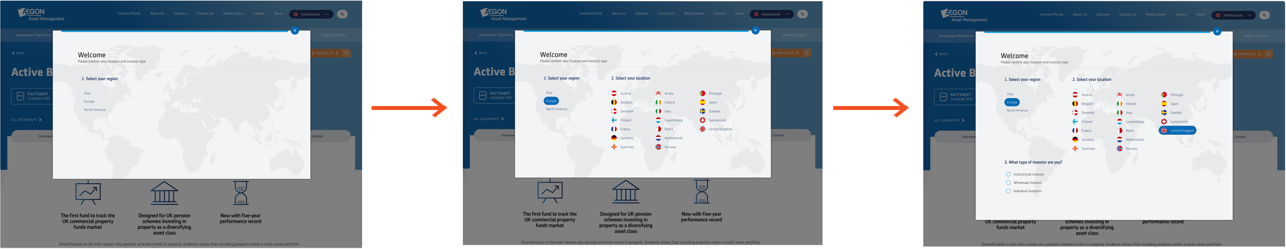 Three screenshots from the Aegon website, showing just the region selection at first, then revealing location options, then revealing user type options.