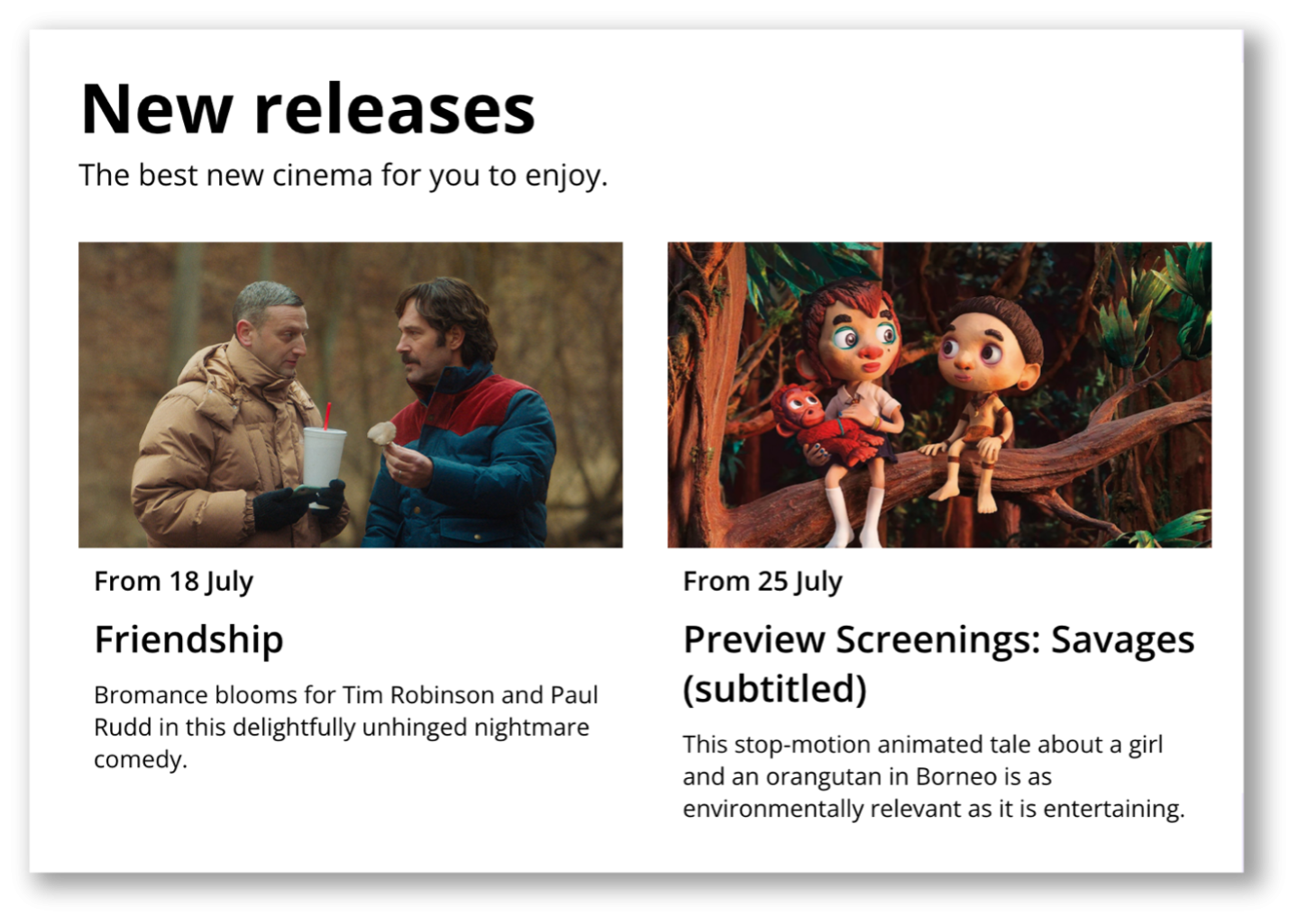 A screenshot of a webpage showing two films categorised under the title ‘New releases’, with compelling images but no showtimes listed.