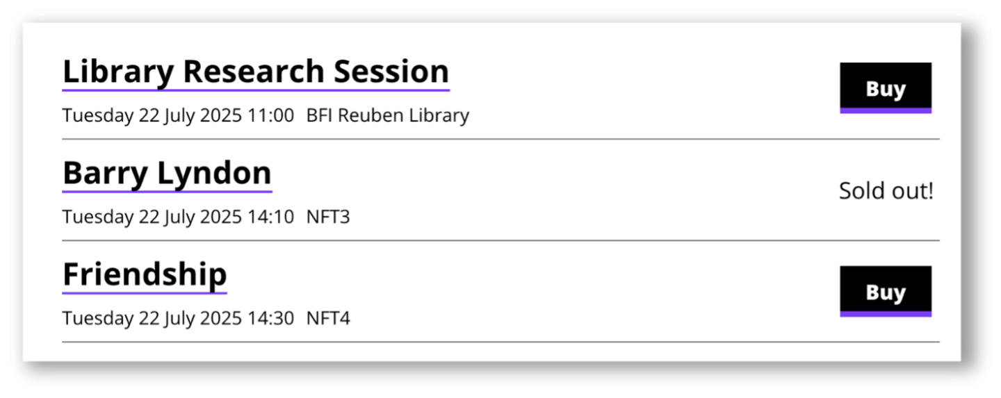 A screenshot of a webpage offering an uninspiring, functional list of three films, with no imagery or film descriptions.