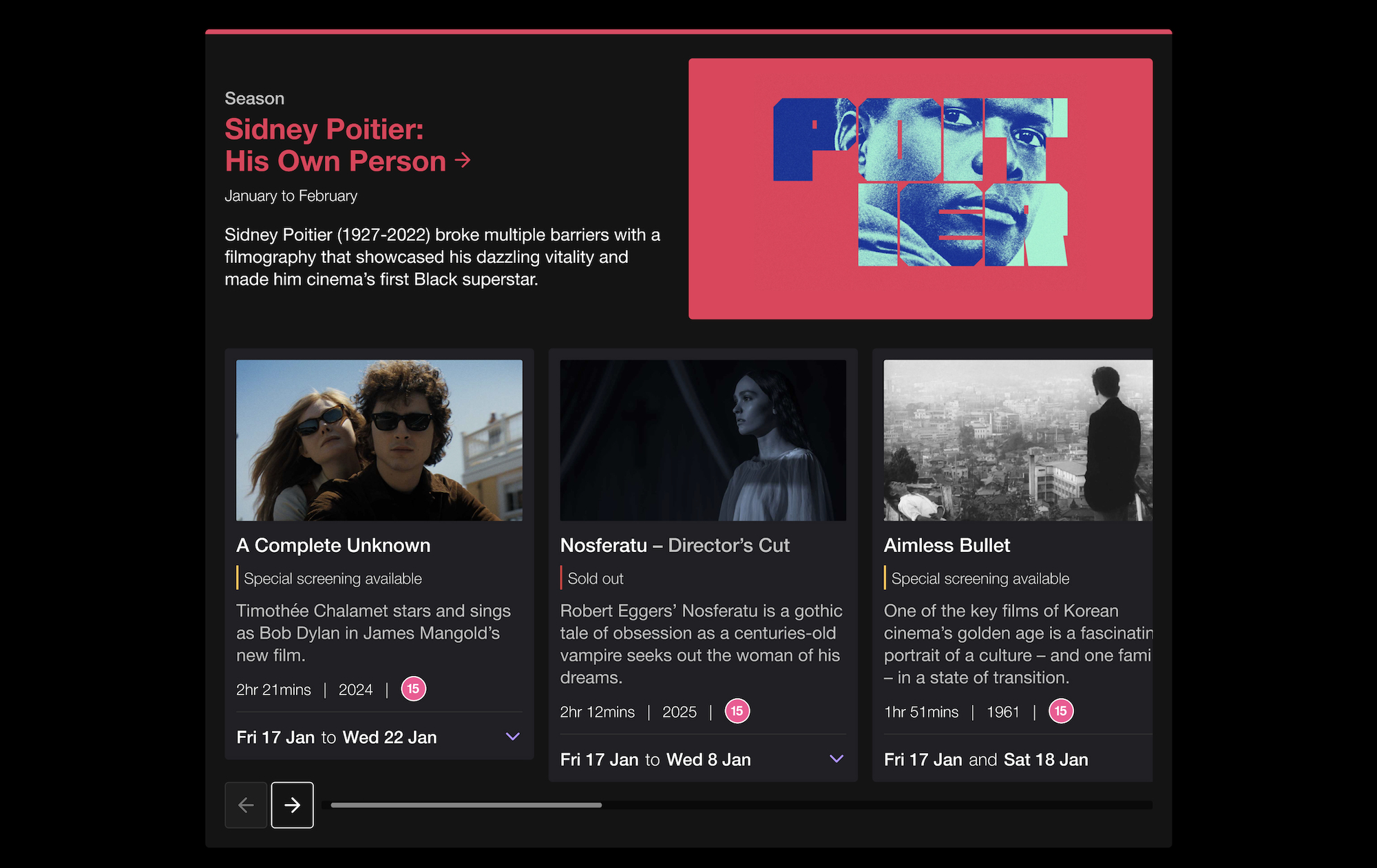 A screenshot of the new design of a Sidney Poitier season carousel, with example films underneath an eye-catching Sidney Poitier artwork.