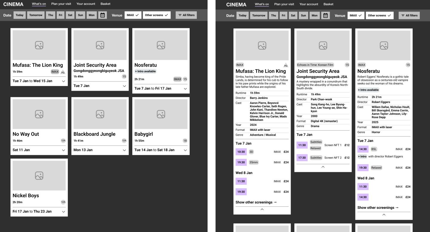 The first iteration of the showcard, with space for a film title, director, runtime and dates.
